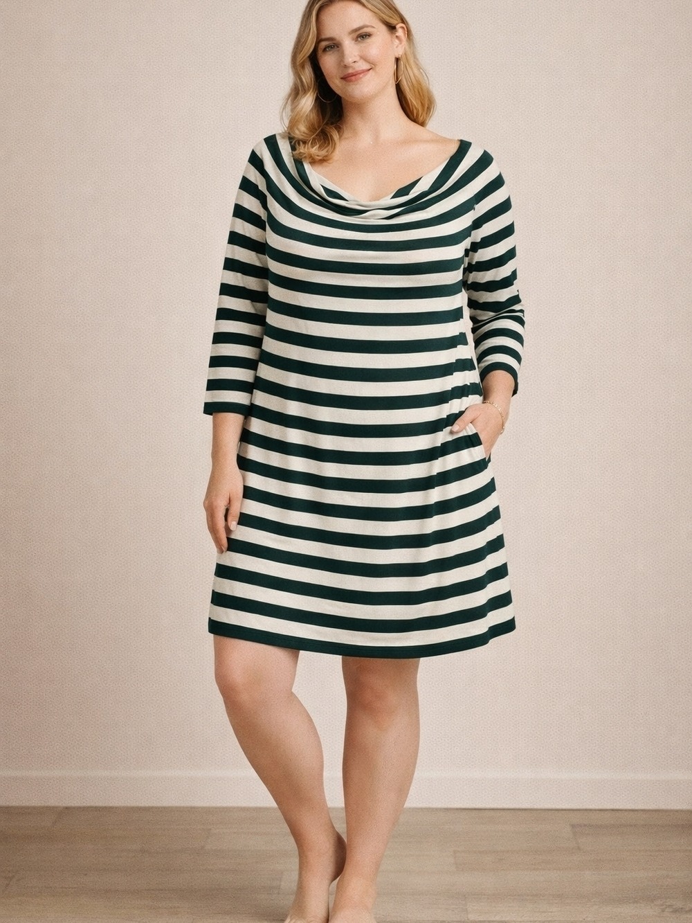 AE City Green White Striped Cowl Neck Tunic Dress Plus X Summer Casual Party